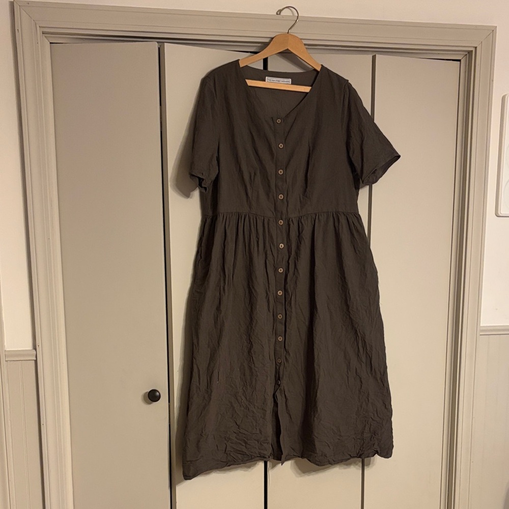 Main Street Exchange Button-Front Short Sleeve Midi Dress Cotton Linen Blend